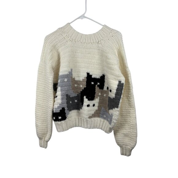 Handknit Cat Chunky Sweater Womens Small Cat Lady White w/ Multi Colored Kitties - Picture 1 of 5